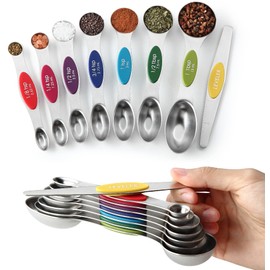 Ezweiji Edelstahl Messbecher und Messlöffel Set mit 9 Stück,Edelstahl Magnetisch Messlöffel,Edelstahl Doppelkopf Messlöffel Mit Skala Messbecher, Griff mit Verbesserter Dicke (Mehrfarbig)
