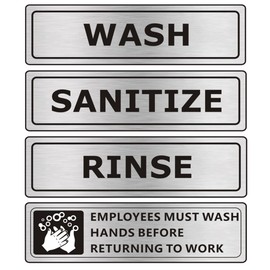 (4 PACK) Wash Rinse Sanitize Sink Labels Signs Stickers with Employees Must Wash Hands Sign, Self-adhesive Waterproof Aluminum Metal Sign for Restaurant Kitchen Sinks (7x2 inch, Brushed Nickel/Black)