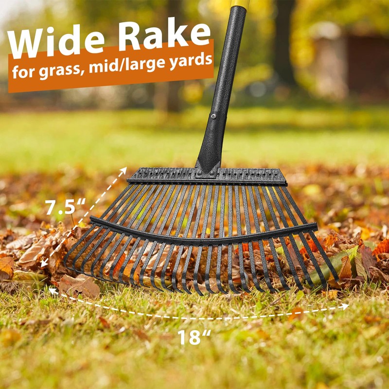 Rake for Leaves: Large 18" Wide Metal Leaf Rake, 65”