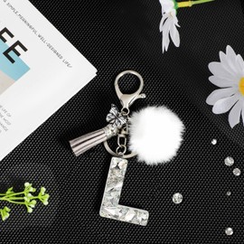 JSRQT Bling Initial Letter L Keychains, Sparkly Rhinestone Resin Alphabet Letter Car Keyrings for Women, Butterfly Tassel Poms Pendants Fashion Keychain Bag Charm for Purse Backpack Handbag