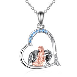 YAFEINI Wolf Pendant Necklace 925 Sterling Silver Jewellery Gift for Women and Girls (Wolf and Girl Necklace 2)