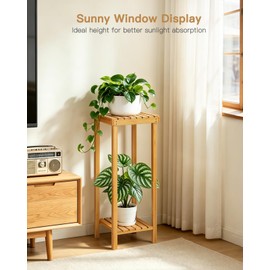 Ufine Bamboo 2-Tier Square Plant Stand, 30 Inch Tall Plant Display Rack