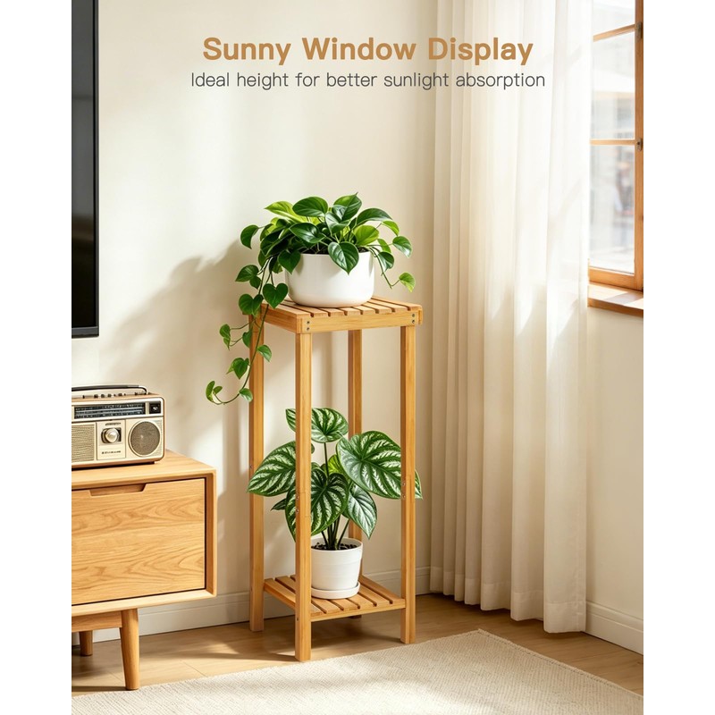 Ufine Bamboo 2-Tier Square Plant Stand, 30 Inch Tall Plant