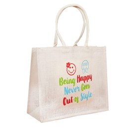 Natural Canvas Jute Tote Bags With Printed Design | Reusable Shopping Bags | Eco Friendly Lunch Handbag | Bag For Life | 29cm Height x 30cm Width x 14cm Depth (Happy Never Goes Out Of Style)