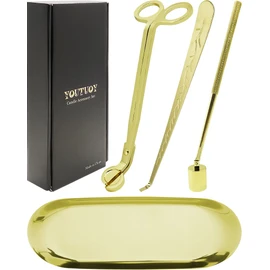 YOUTUOY 4 in1 Candle Accessory Set with Storage Tray Plate, Candle Wick Trimmer, Candle Wick Snuffer, Candle Wick Dipper, Great for Scented Candles Lovers (Gold)