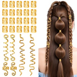 Gjinxi 26 pcs Hair Jewelry Rings Charms for Braids Women Metal Gold Clips Hair Dreadlock Cuffs Accessories Snake Hairs Clips Loc Cuffs Hairs Ring for Christmas Braids Hairstyle Decoration