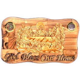 Olive Wood Last Supper Plaque Hand Made in Bethlehem Holy Land with Alabaster/Ceramic Clay (20 Inches)