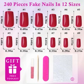 LoveOurHome 240pc Square Press on Nails Medium Fake Nails with Glue & Tabs, Medium Nails Press on Nails Square Acrylic Nails Berry Glue on Nails False Nails Artificial Fingernails Stick on Nails