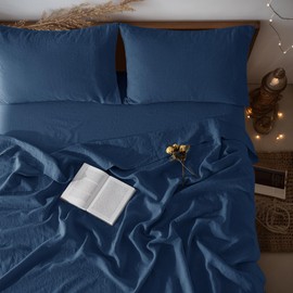 LBRO2M 100% Linen Sheet Set 16" Deep Pocket Queen Size,Bed Sheets 4 Piece Sets,Solid Color Natural Flax Bed Sheets Soft Breathable Bedding, All Season (Queen, Navy Blue)