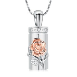 Minicremation Rose Flower Urn Necklace for Ashes Stainless Steel Cylinder Vial Urn Necklace for Women Men Ashes Necklace Memorial Keepsake Jewelry Gifts