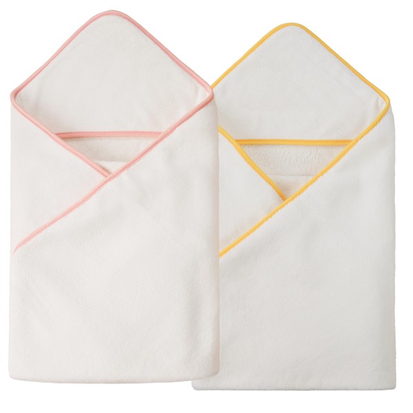 Polyte - 2 Premium Microfibre Baby Bath Capes - Hood - Hypoallergenic - White with Yellow and Pink Trim - 36" x 36"