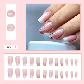 24Pcs Press on Nails Medium-length Kits 12 Sizes French Nail Tip Square Full Cover with Nail Tools,Reusable UV Finish Full Cover Stick on Nails for Women Girls (style-6)