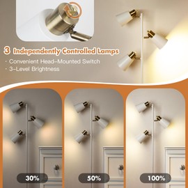 Tree Floor Lamp for Living Room, Industrial 3-Light Standing Lamp with 3 LED Bulbs, Adjustable Rotation Heads, Standing Tall Pole Lamp Farmhouse Rustic Reading Lamps for Bedroom Office (White Gold)