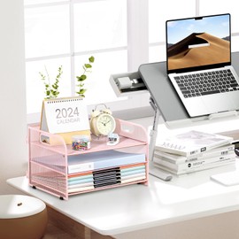 NCXTKJ 3-Tier Letter Tray Paper Organizer with Handle,Compact Mesh Desk File Organizer for Home Office Supplies Desktop Accessories,Pink