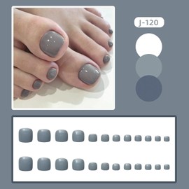 Square Fake Toe Nails Gray Press On Toenails - Gloss Acrylic Full Cover Solid Color Glue On - Cute Short False Summer Beach Artificial Nails for Women and Girls, 24Pcs