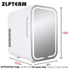 ZLPTEAM Mini Fridge with Mirror Door & Adjustable LED Lights - 8L Cosmetic Skincare Fridge for Bedroom,Dorm,Mini Car Refrigerator Portable Quiet Cooling,Gift for Women