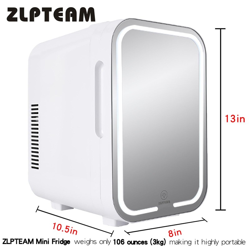 ZLPTEAM Mini Fridge with Mirror Door & Adjustable LED Lights