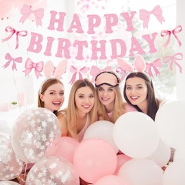 Bow Happy Birthday Banner, Pink Bows Garland Banner Coquette Birthday Party Decorations for Girls Women Baby Showers Bow Theme Party