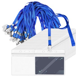 50 Pack 4x3 Name Tag Horizontal Badge Holder with Lanyard, Waterproof Clear ID Badge Holders and 50 Pcs Blue Lanyards for Id Badges, Plastic Name Tags Holder for Teacher Student Employee