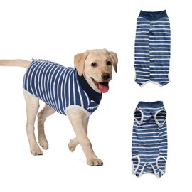 AOOTUERL Dog Recovery Suit, Surgical Suit Post Surgery Anti-E Collar, Alternative Wound Protection Clothing, Lick Dog for Female and Male Dogs (Blue Stripe, L)