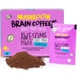 ShroomzUp Mushroom Coffee Instant (15 Pack) - Lion's Mane and Cordyceps - Superfood Coffee for Keto, Vegan, Paleo - Arabica and Robusta Instant Coffee Packets Ground Powder for Brain Focus, Productivity, Concentration & Wellness