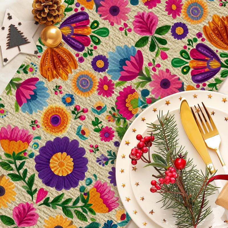 Floral Table Runner Mexican Kitchen Dining Table Decoration for Home