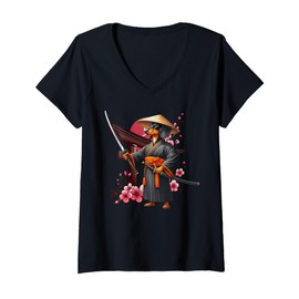 Womens Dachshund Samurai Japanese Warrior Culture Aesthetic Vintage V-Neck T-Shirt