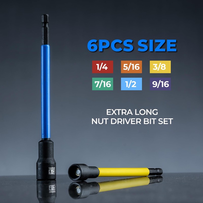 toolant Extra Long Nut Driver Bit Set, 6PCS SAE/Metric Magnetic