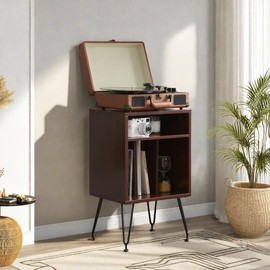 FONTOI Record Player Stand with Storage Space, Turntable Stand Record Player Cabinet with Adjustable Feet, End Table with Metal Legs for Living Room, Bedroom, Brown