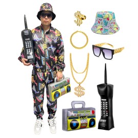 ZEROGOO 80s 90s Outfit for Men, 9 Pcs 80s 90s Costume Tracksuit Accessories Hat Hip Hop Rapper (Black, Large)