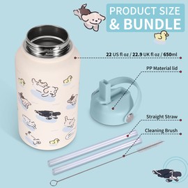 Goetland Cats Dogs Water Bottle with Straw Lid 20 oz Stainless Steel Wide Mouth Vacuum Double Insulated Drinking Cup Cute Printing UV Leakproof For Women Girls Kids Light Blue