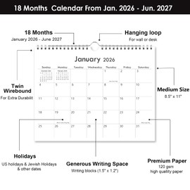 2026 Calendar - Wall Calendar 2026-2027 Runs from January 2026 Until June 2027, 8.5'' x 11'', 2026 Small Calendar with Spiral Binding, The Perfect Wall Calendar Planner for Easy Organizing, Black