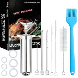 PEOUWNES 304-Stainless Steel Meat Injector Syringe Kit with 3 Marinade Needles for BBQ Grill Smoker, Turkey, Brisket, Beef, Fish, 2-oz Large Capacity, Silicone Brush and Cleaning Brush