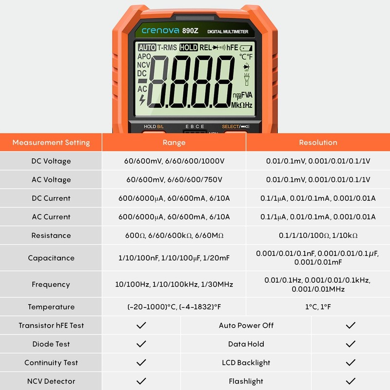Crenova Digital Multimeter, 6000 Counts Multi Testers, Auto-Ranging TRMS Voltmeter