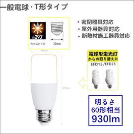 T Shape LED Bulb, Base Diameter 1.0 inches (26 mm), Bulb Equivalent to 60W (6.8 W), Daylight White Equivalent, 960 LM, General Bulb, T Type, Compatible with Sealed Fixtures, PSE Certified, Set of 2 (Daylight White)