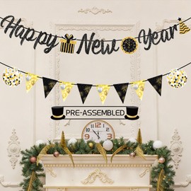 GULWAT Happy New Year 2026 Banner Black Glitte Pre-Assembled New Years Eve Sign Garland Banner for 2026 NYE Party Supplies Decorations Holiday Home Hanging Party Decor