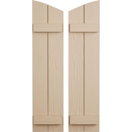 Ekena Millwork 11"W x 46"H (42 3/8" Low Side) Timberthane Sandblasted Two Board Joined Board-n-Batten w/Elliptical Top Faux Wood Shutters (Per Pair), Primed Tan