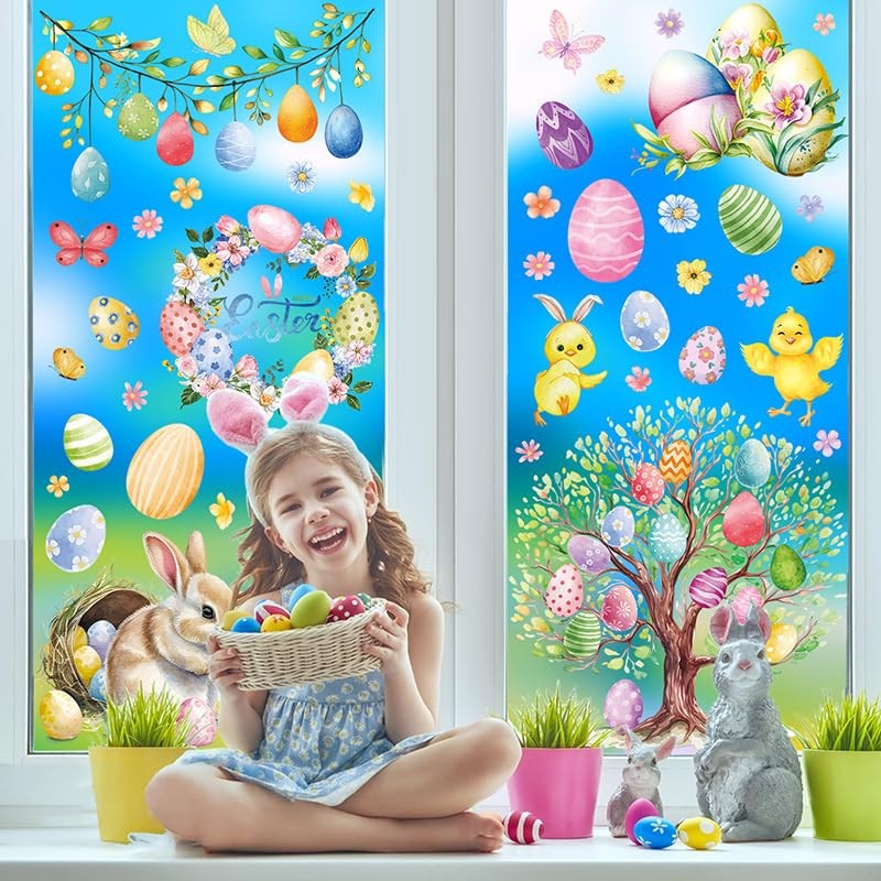 9 Sheets Easter Window Clings Decorations Cute Bunny Chicks Easter