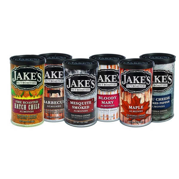 Jake's Nut Roasters - Variety Pack of Almonds (6 Pack) Whole Dry Roasted Seasoned Flavored Almonds - Includes Bloody Mary, Mesquite Smoked, Bleu Cheese, Hatch Chile, Barbecue and Maple Flavors