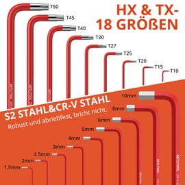 GETLITOOL Hexagon Socket Set, 18-Piece Allen Key Ball HX 1.5 mm - 10 mm & Torx Allen Key TX T10-T50, Cr-V Steel, Professional Hex Key Set Small Tidy with Holder T-Handle