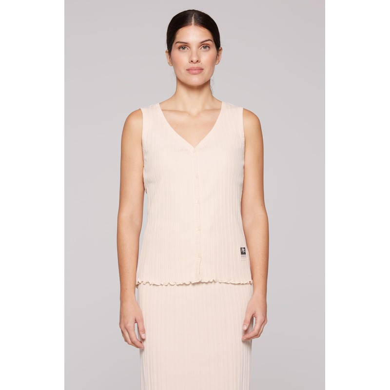 SOCCX Women's Buttoned Ribbed V-Neck Top, Milky Beige, XS