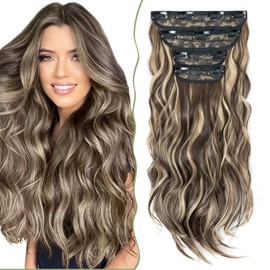 SEGO 22 Inch Thick Highlight Hair Piece 4PCS Long Wavy Clip in Extensions Full Head 180g Synthetic Fiber Hairpieces For Women, Brown & Ash Blonde