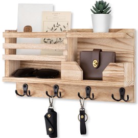 Lwenki Mail and Key Holder for Wall – Decorative 15.9” x 8.7” x 3.2” Entryway Organizer with Shelf – Paulownia Wood with 4 Dual Hooks Includes Mounting Hardware and Installation Guide (Wood)