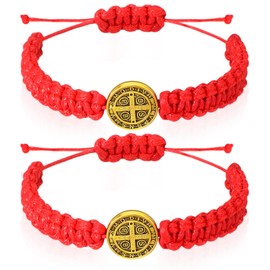 Fumete 2 Pcs Catholic Bracelets Saint Benedict Medal Gifts Adjustable String Bracelets Religious Gifts for Men Women Birthday Holiday (Red,Gold)