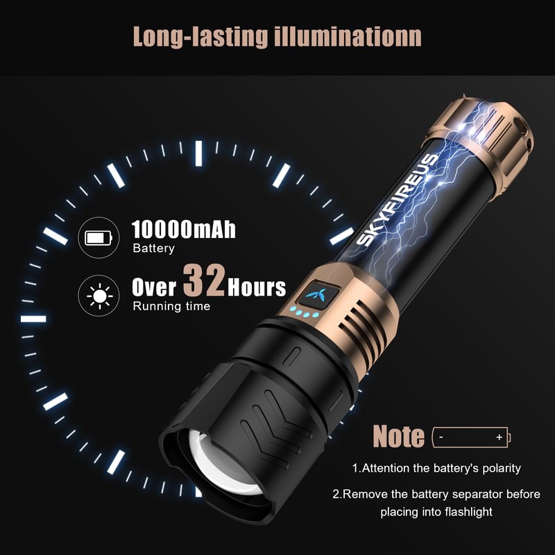 SKYFIRE LED Flashlights High Lumens,10000mAh Super Bright Rechargeable Flashlight,Zoomable,Four Modes,Waterproof