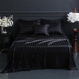 Bedorm Black Satin Comforter Set Black Stripe Bedding Set Extra Soft Silky Bedding King Size Bed in a Bag with Satin Striped Sheet Set and Rich Silk Like Comforter Set