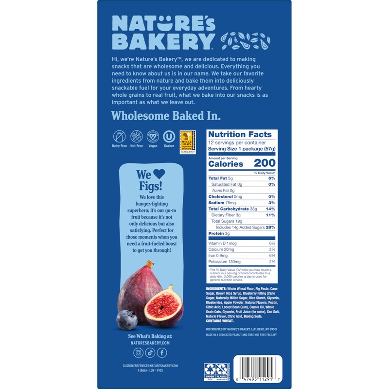 Nature's Bakery Whole Wheat Fig Bars, Blueberry, Real Fruit, Vegan,