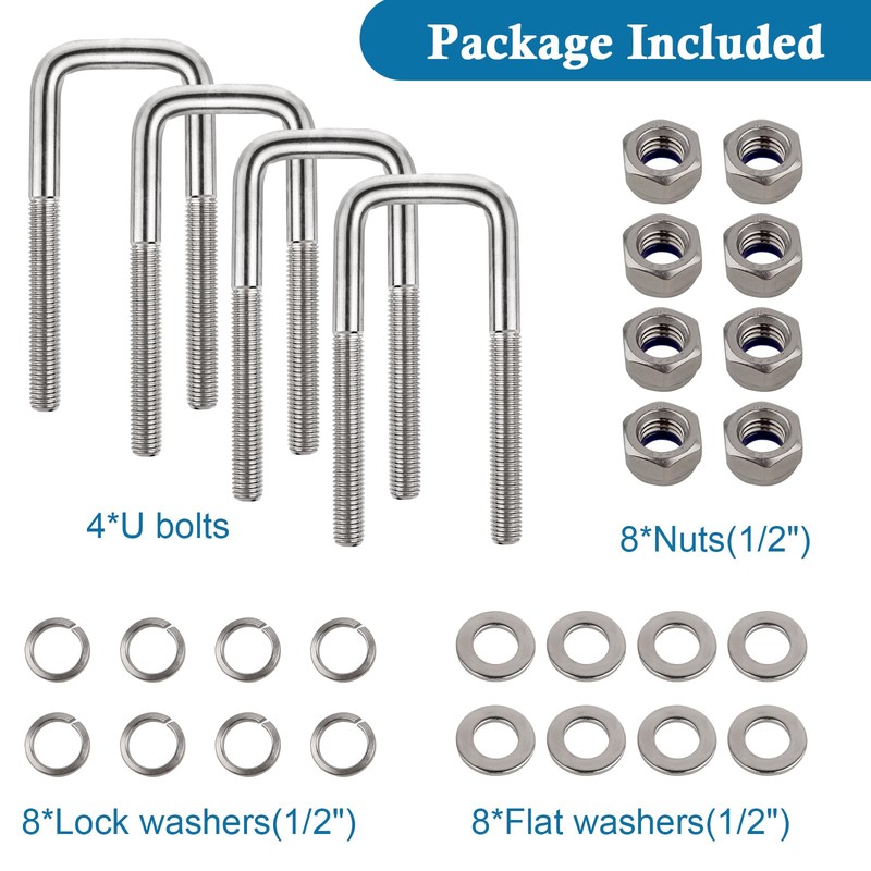 4 Set Stainless Steel Square U Bolt Kit for Boat