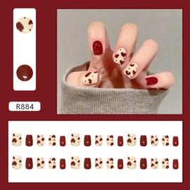 24pcs Heart Press on Nails Short Square Valentines Fake Nails Glitter Full Cover False Nails with Rhinestones Red Heart Designs Acrylic Nails Red Stick on Nails Glossy Artificial Nails for Women