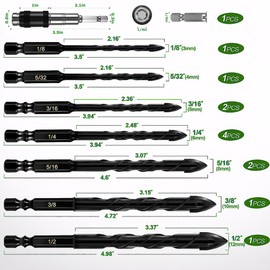 12 PCS Concrete Drill Bit Set for Tile, Brick, Glass, Plastic and Wood, Masonry Drill Bit Set,Tungsten Carbide Tip Work with Ceramic Tile, Wall Mirror, Paver on Concrete or Brick Wall (Type-1)